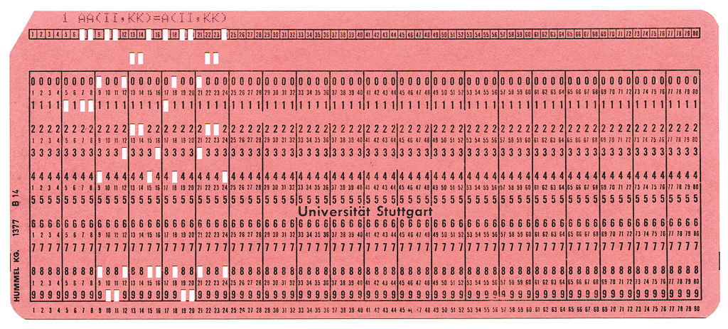 Pink punch card used at the University of Stuttgart, Germany for the input of Fortran programs in the IBM mainframe, c. 1970s.