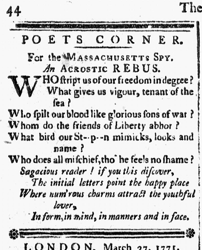 Poet’s Corner Acrostic Rebus, The Massachusetts Spy