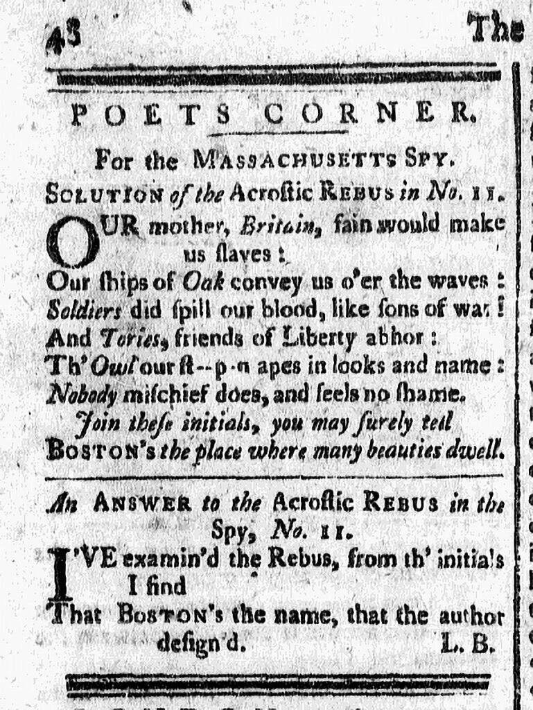 Poet’s Corner Acrostic Rebus: Solution, The Massachusetts Spy