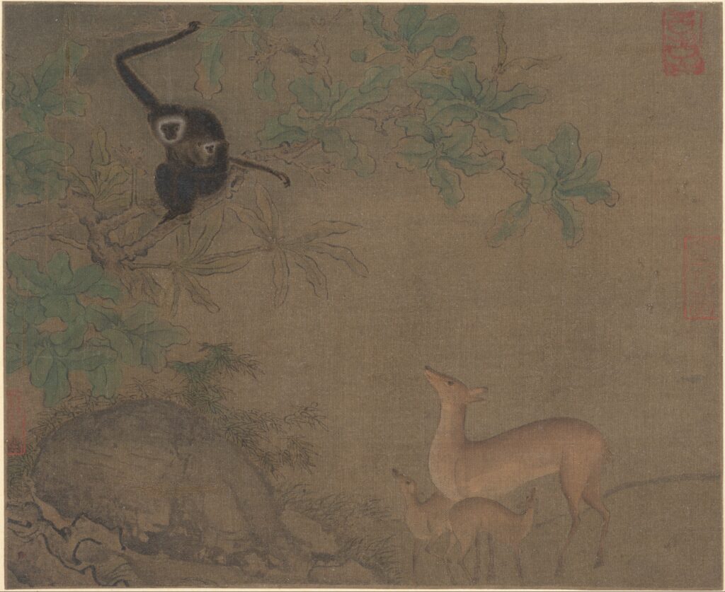 This painting is a rebus or pictorial pun, that conveys a wish for success on an examination. The Chinese title of the painting, Yuan lu ("gibbons and deer"), is a homophone for the expression "First [place gains] power." Thus, the painting must be read as a text, its images read as words. 